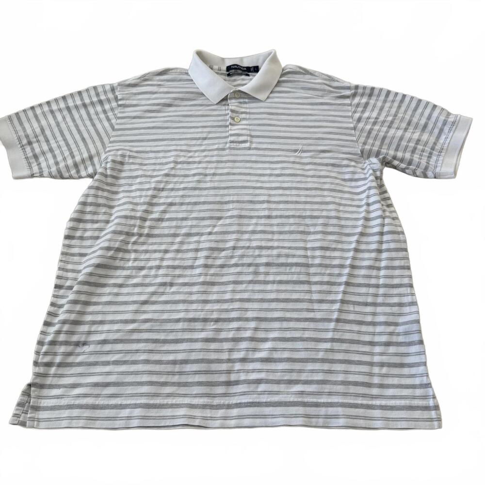 Nautica Polo Shirt Mens Large White Gray Stripe Pima Cotton Classic Preppy